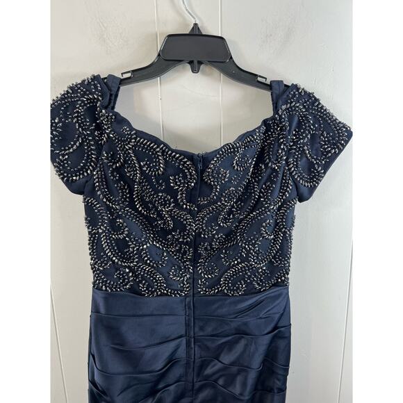 La Femme Off the Shoulder Beaded Satin Trumpet Gown in Color Navy in Size 6 NWOT - Picture 7 of 10